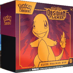Pokémon Scarlet & Violet Obsidian Flames Elite Trainer Box packaging with a Pokémon character on a red and purple background.