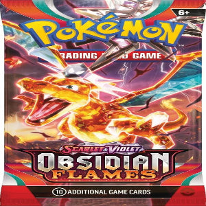 Pokémon trading card game pack featuring a dragon-like creature with flames, labeled 'Scarlet & Violet Obsidian Flames'.
